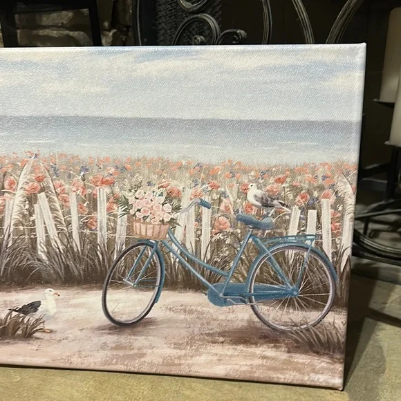New Wrapped Canvas Scenic Beach Bicycle Canvas Art with Flowers - Picture 2 of 7